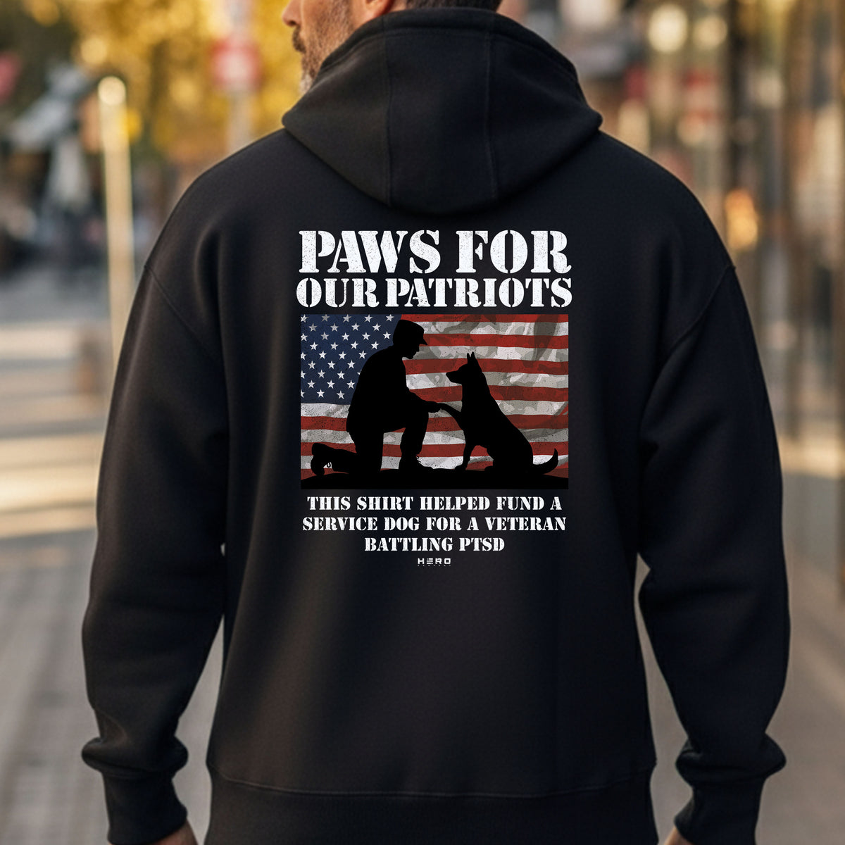 Hero Company Men&#39;s Paws For Our Patriots Black Premium Hoodie - Helps Pair Veterans With A Service Dog or Shelter Dog