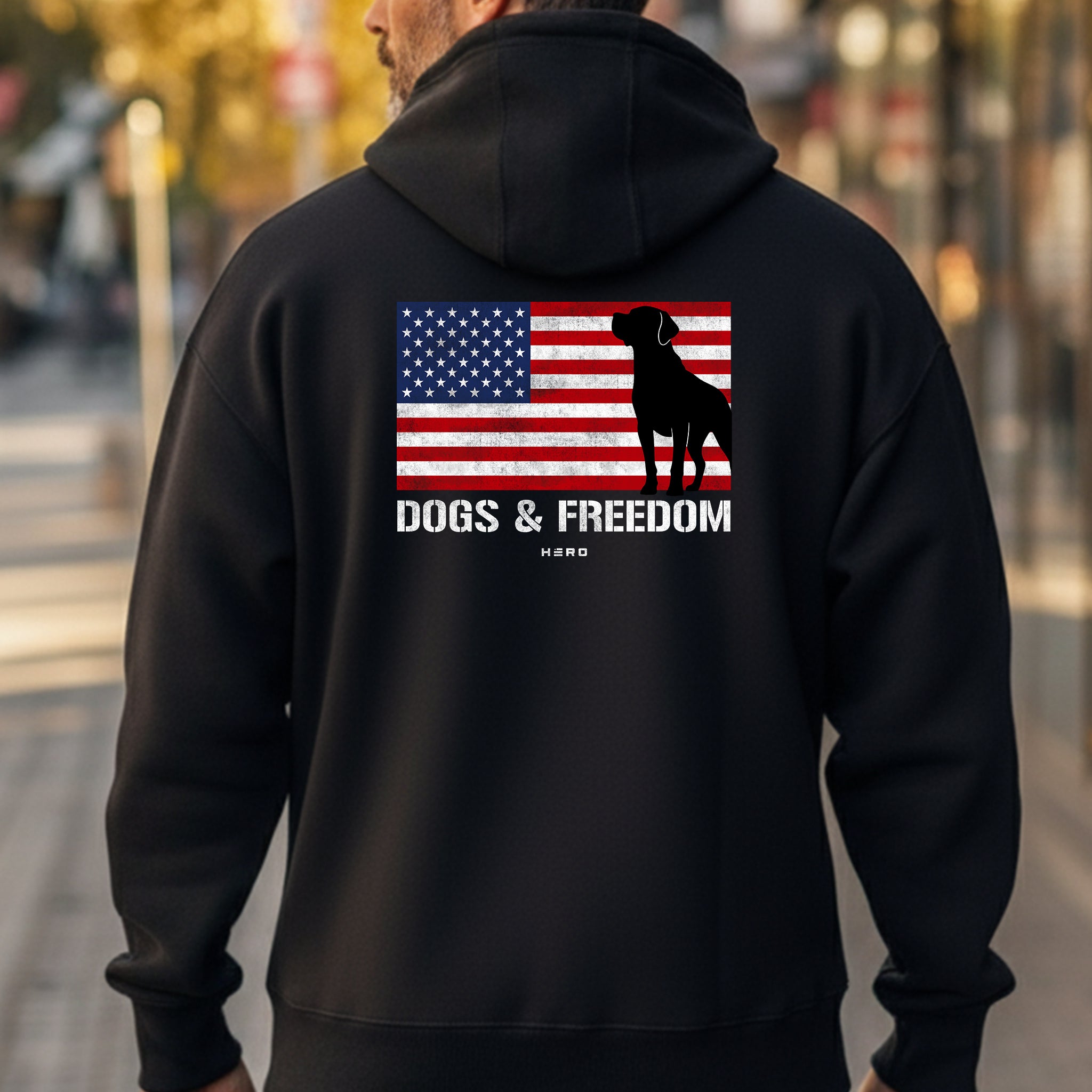 Hero Company Men's Dogs & Freedom Flag Black Premium Hoodie