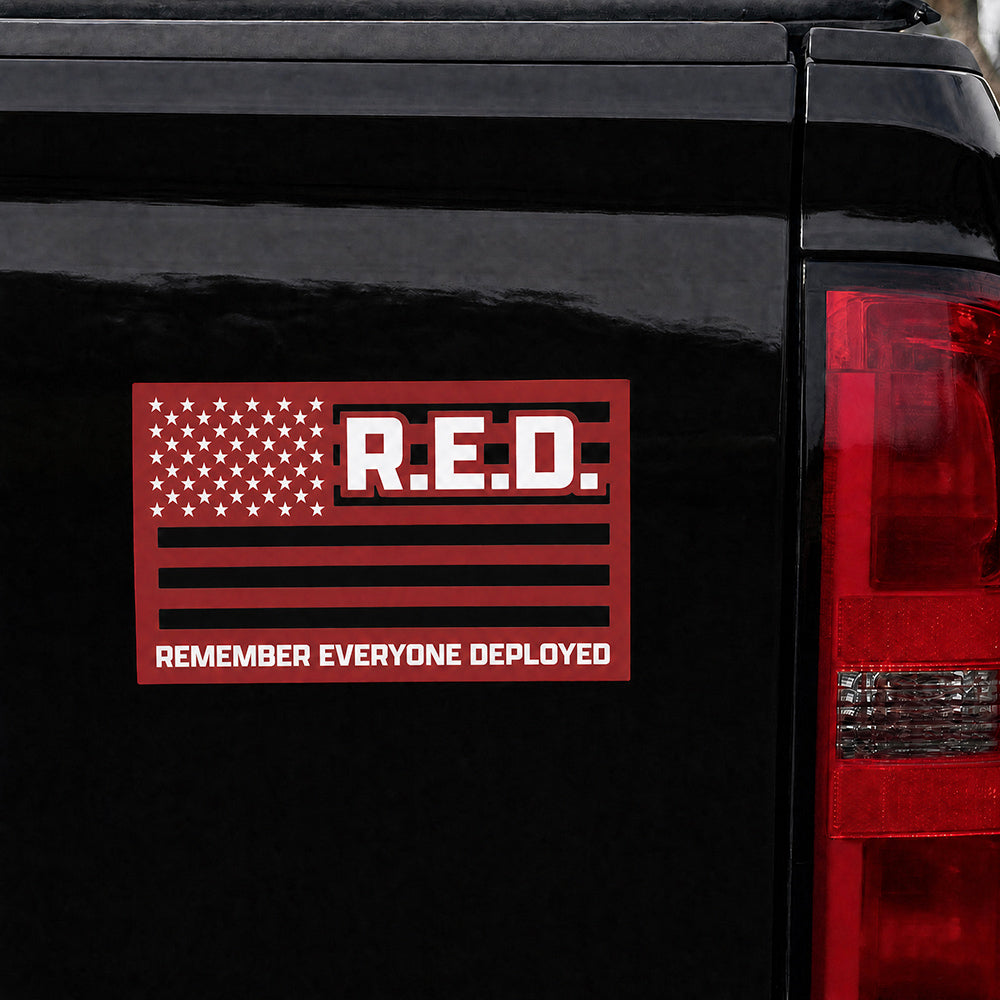Remember Everyone Deployed Cut Out American Flag Car/ Truck Magnet- Red