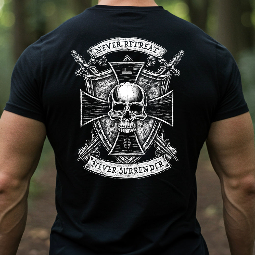 Hero Company Men&#39;s The Knights Templar &quot;Never Retreat, Never Surrender&quot; Black Tee - Helps Pair Veterans With A Service Dog or Shelter Dog