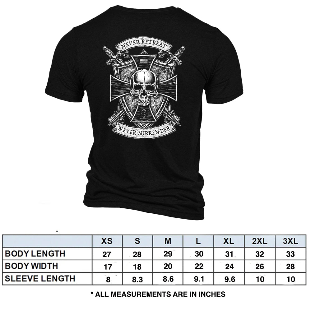 Hero Company Men's The Knights Templar "Never Retreat, Never Surrender" Black Tee - Helps Pair Veterans With A Service Dog or Shelter Dog