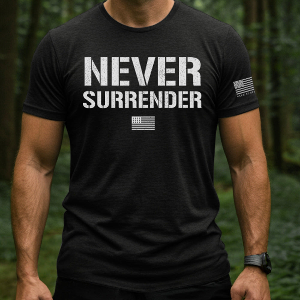 Hero Company Men's Never Surrender Black Tee: Helps Pair Veterans With A Service Dog or Shelter Dog