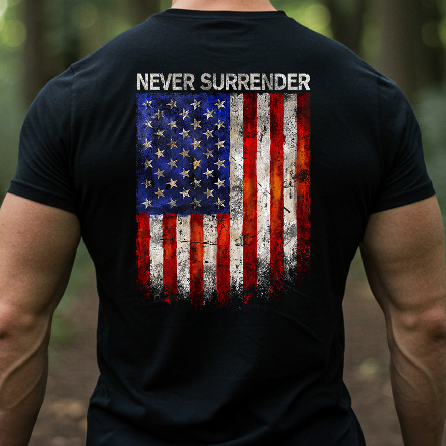 Hero Company Men&#39;s Never Surrender Black Tee - Helps Pair Veterans With A Service Dog or Shelter Dog