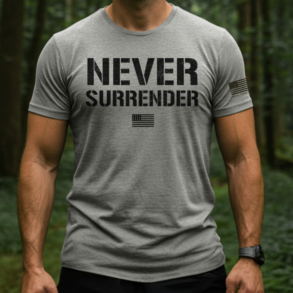 Hero Company Men's Never Surrender Venetian Grey Tee: Helps Pair Veterans With A Service Dog or Shelter Dog