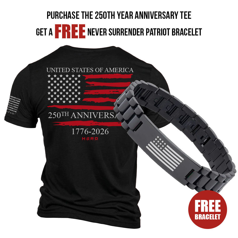 FREE Never Surrender Patriot Bracelet with Purchase of The 250th Year Anniversary Tee - Helps Pair Veterans With A Service Dog or Shelter Dog