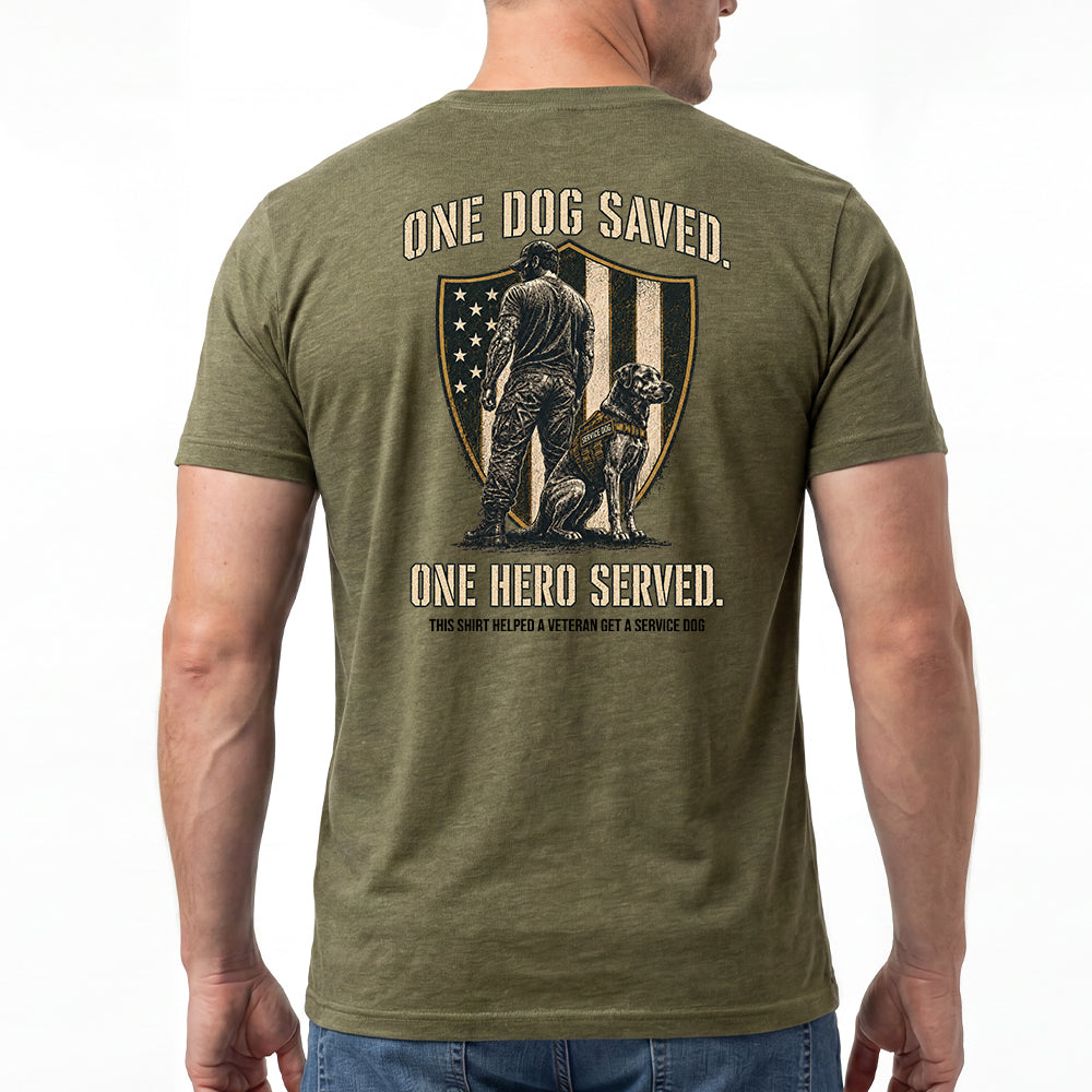 One Dog Saved One Hero Served Military Green Tee