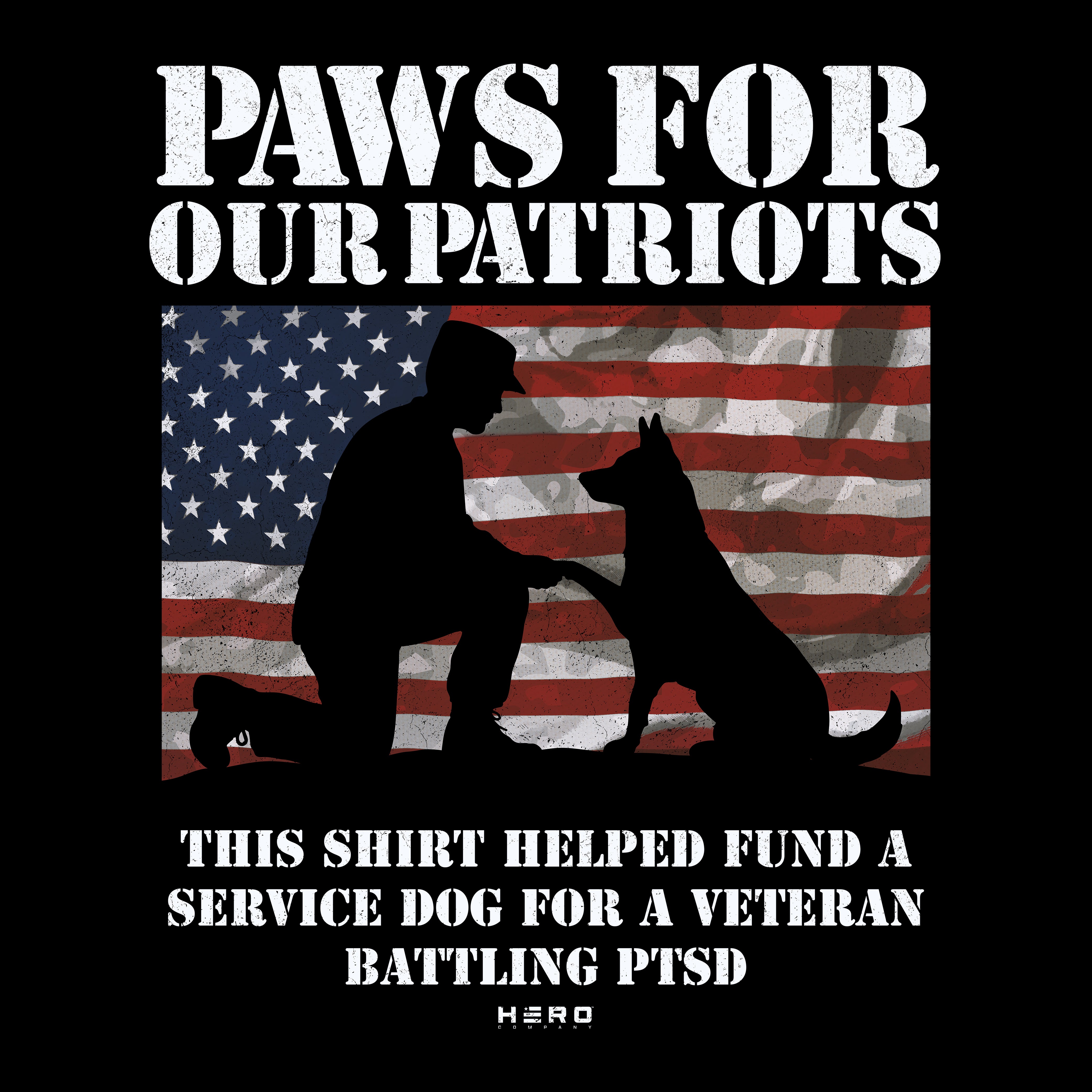 Hero Company Men's Paws For Our Patriots Black Tee - Helps Pair Veterans With A Service Dog or Shelter Dog