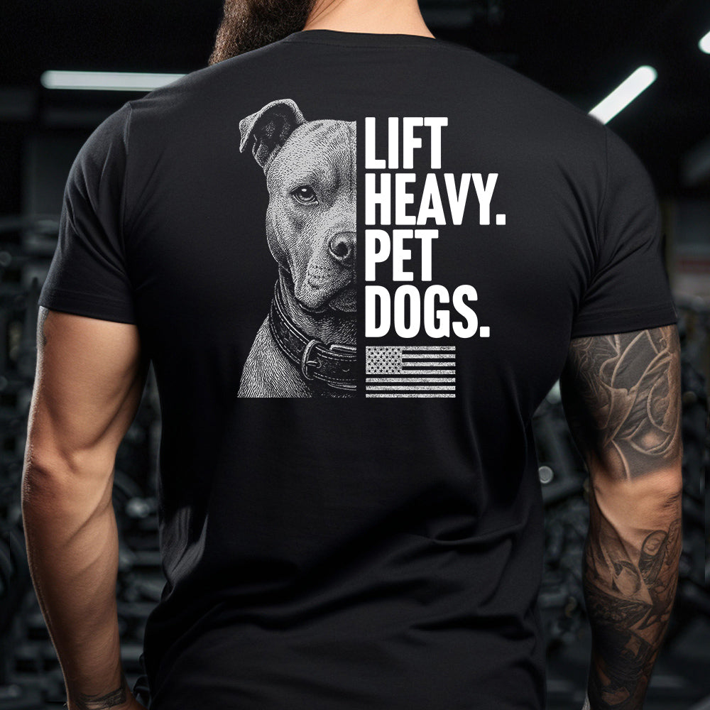 Hero Company Men&#39;s Lift Heavy. Pet Dogs. Pit Bull Black Tee - Helps Pair Veterans With A Service Dog or Shelter Dog