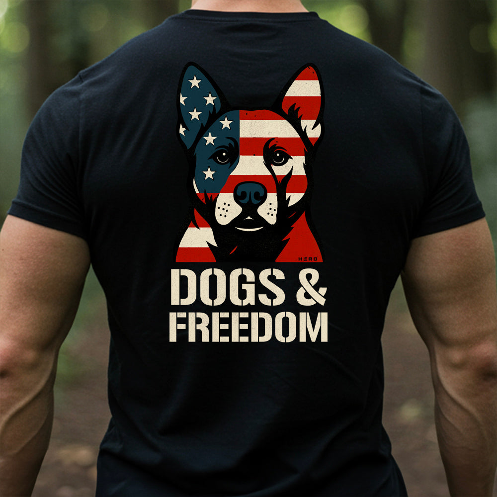 Hero Company Men's Patriotic Dogs & Freedom Black Tee - Helps Pair Veterans With A Service Dog or Shelter Dog