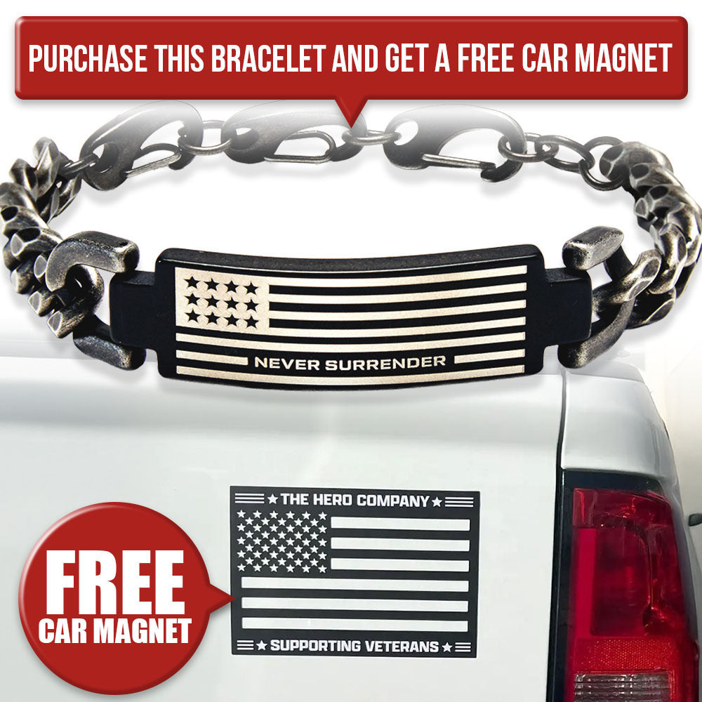FREE Supporting Veterans American Flag Cut Out Car/Truck Magnet with Purchase of Never Surrender - Defenders of Freedom Bracelet