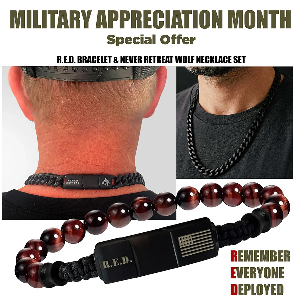 Military Appreciation DEAL! R.E.D. Tiger's Eye Never Forget Bracelet and Never Retreat Alpha Wolf Cuban Link Necklace: Helps Pair Veterans With A Service Dog Or Shelter Dog