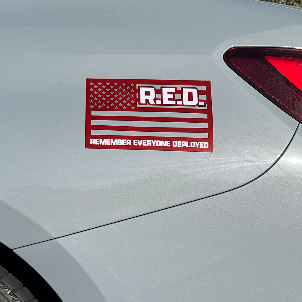 Remember Everyone Deployed Cut Out American Flag Car/ Truck Magnet- Red