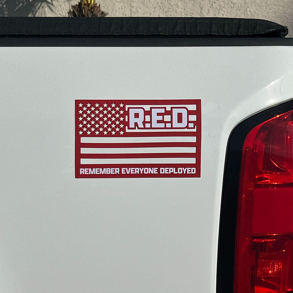 Remember Everyone Deployed Cut Out American Flag Car/ Truck Magnet- Red