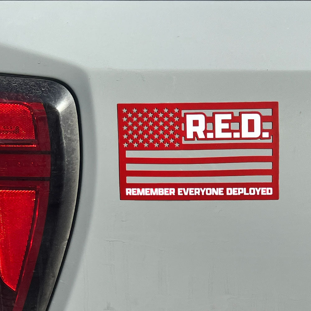Remember Everyone Deployed Cut Out American Flag Car/ Truck Magnet- Red