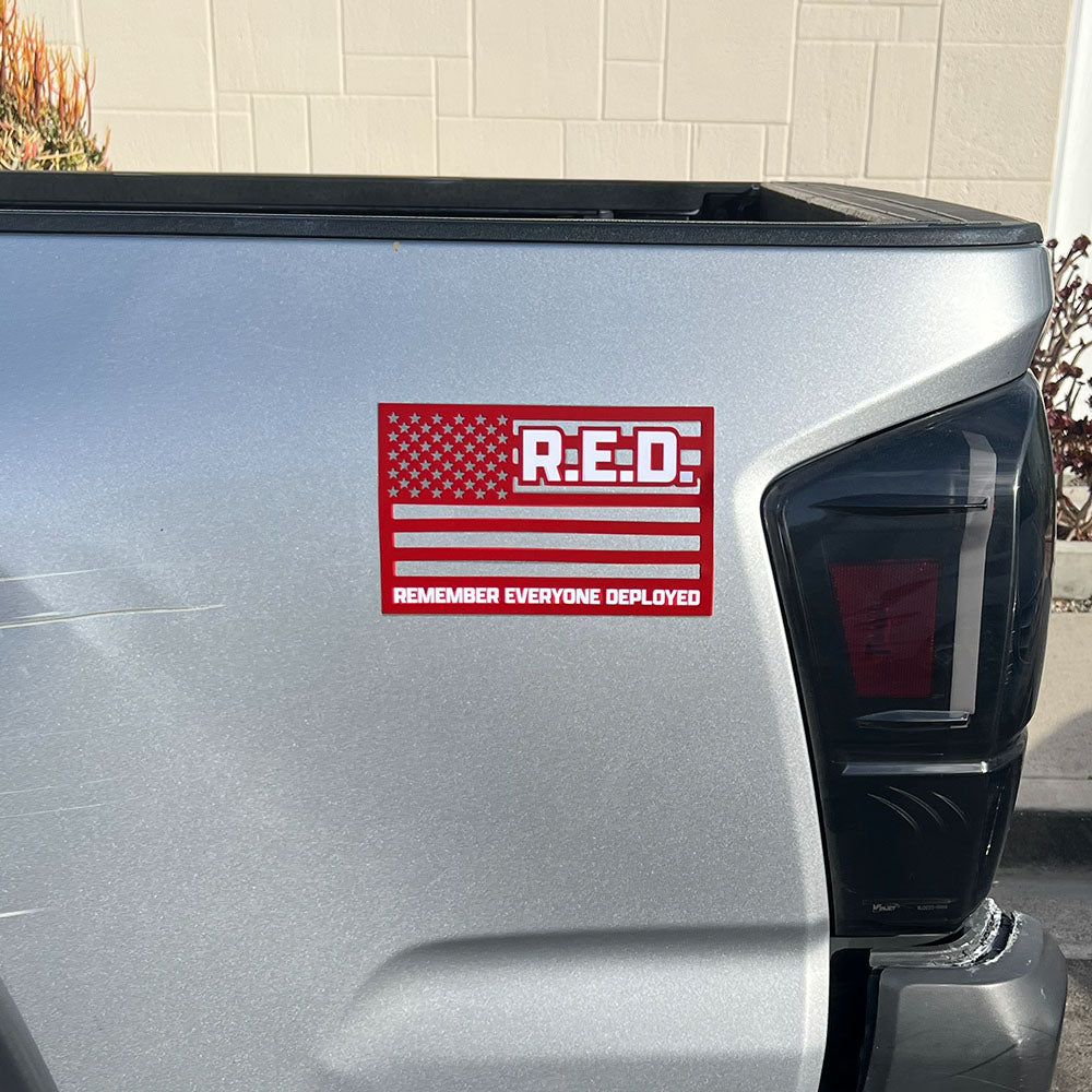 Remember Everyone Deployed Cut Out American Flag Car/ Truck Magnet- Red