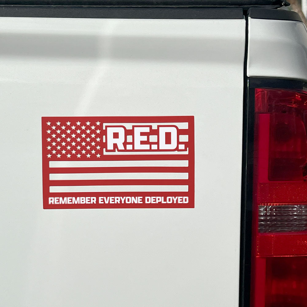 Remember Everyone Deployed Cut Out American Flag Car/ Truck Magnet- Red