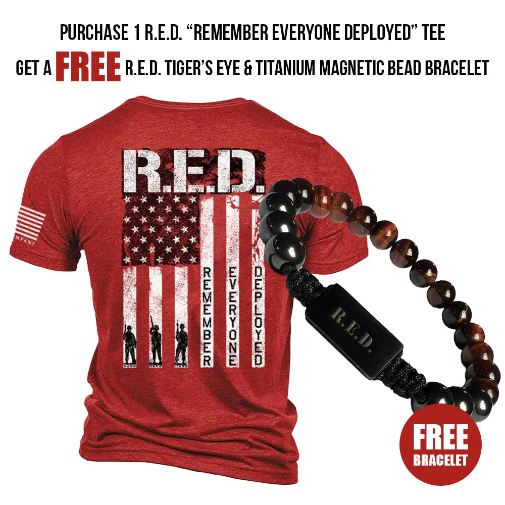 Get A FREE R.E.D. Tiger's Eye &amp; Titanium Magnetic Bead Bracelet when you purchase a R.E.D. “Remember Everyone Deployed” Tee