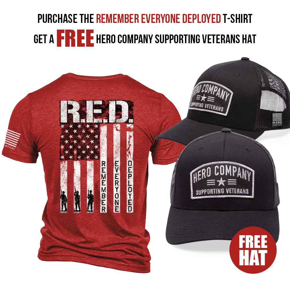 FREE The Hero Company Supporting Veterans Hat with Purchase of R.E.D. Remember Everyone Deployed Tee: Helps Pair Veterans With A Service Dog or Shelter Dog