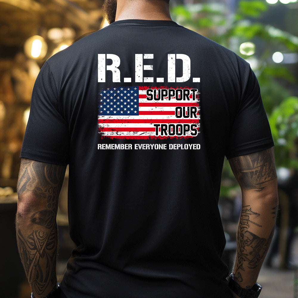 Hero Company Men's Support Our Troops Remember Everyone Deployed Black Tee - Helps Pair Veterans With A Service Dog or Shelter Dog