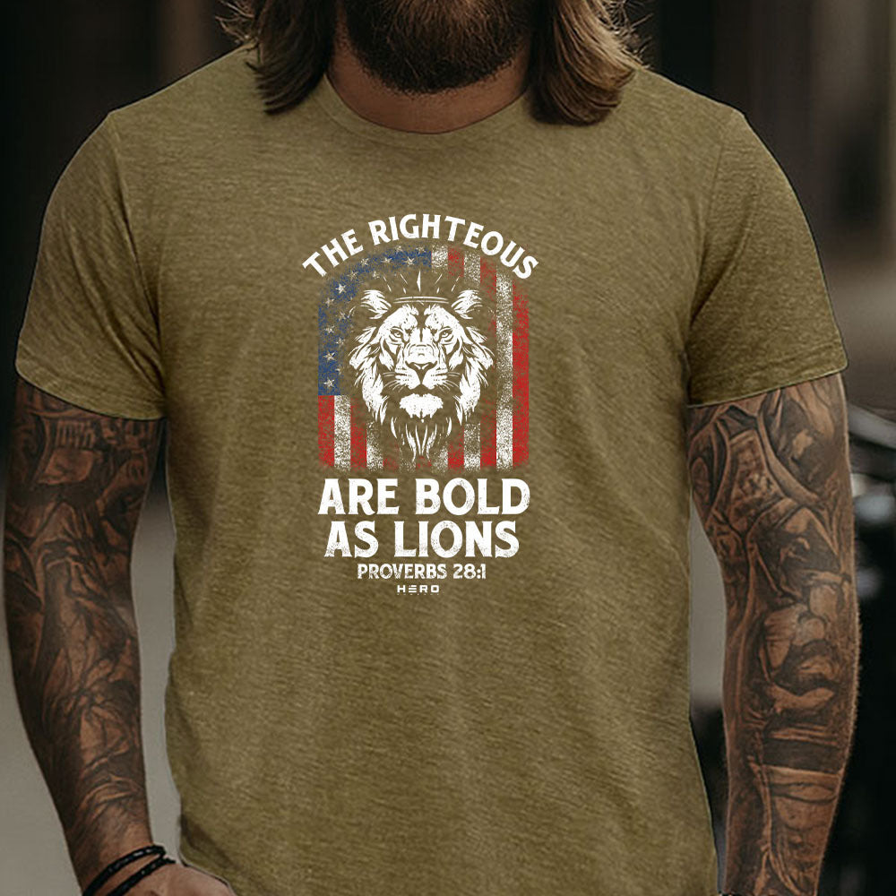 Hero Company Men&#39;s The Righteous Are Bold As Lions Military Green Tee - Helps Pair Veterans With A Service Dog or Shelter Dog