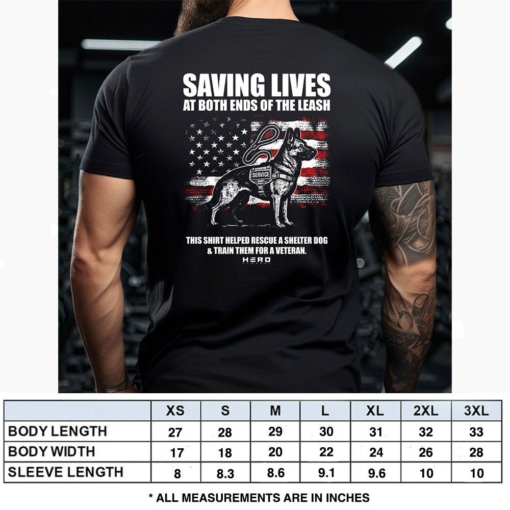 Hero Company Men's Saving Lives At Both Ends Of The Leash Black Tee - Helps Pair Veterans With A Service Dog or Shelter Dog