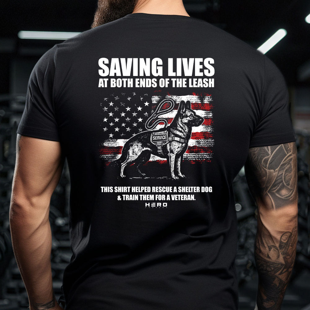 Hero Company Men's Saving Lives At Both Ends Of The Leash Black Tee - Helps Pair Veterans With A Service Dog or Shelter Dog
