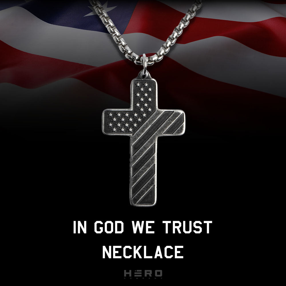 In God We Trust - American Flag Cross Necklace - Antique Silver: Helps Pair Veterans With A Service Dog Or Shelter Dog