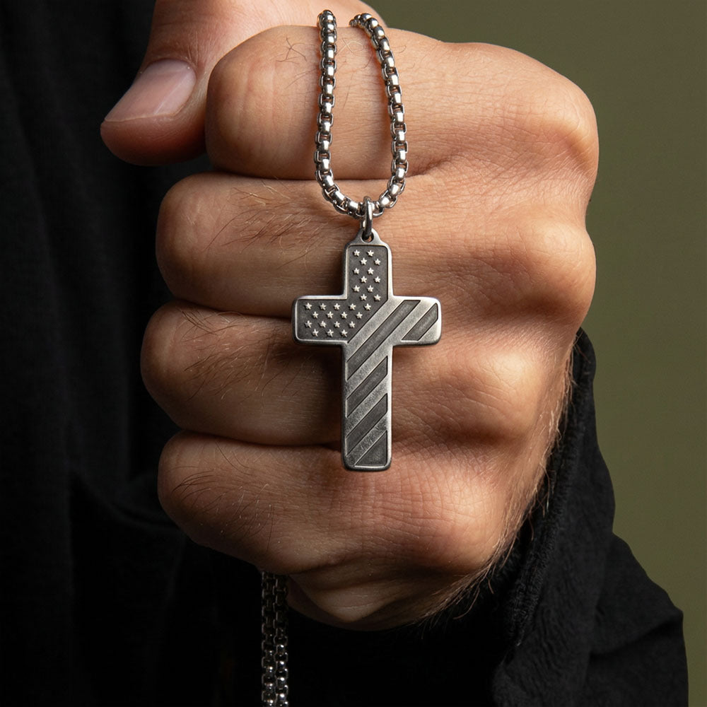 In God We Trust - American Flag Cross Necklace - Antique Silver: Helps Pair Veterans With A Service Dog Or Shelter Dog