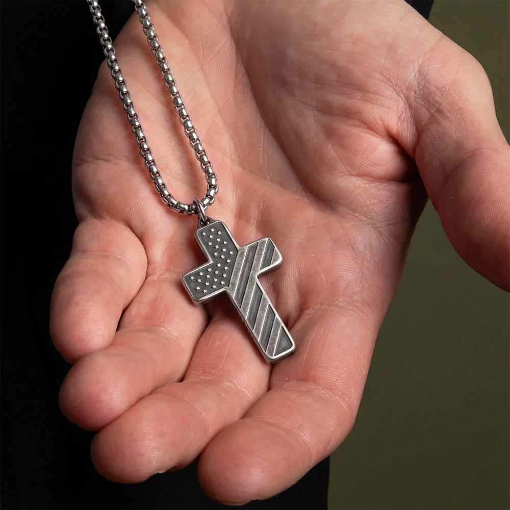 In God We Trust - American Flag Cross Necklace - Antique Silver: Helps Pair Veterans With A Service Dog Or Shelter Dog
