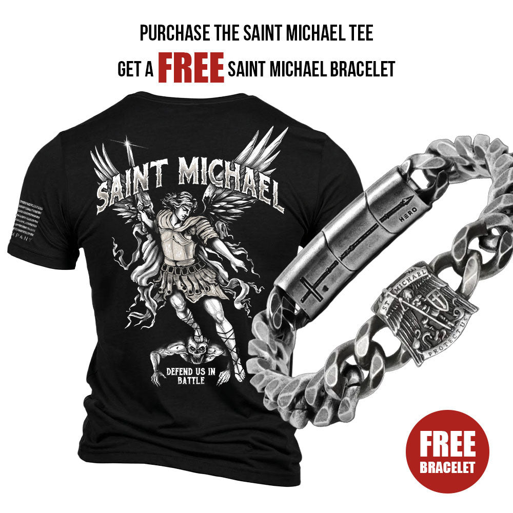 FREE St. Michael's 'Protect Us' Cuban Link Bracelet with Purchase of Saint Michael Defend Us In Battle Tee - Helps Pair Veterans With A Service Dog or Shelter Dog