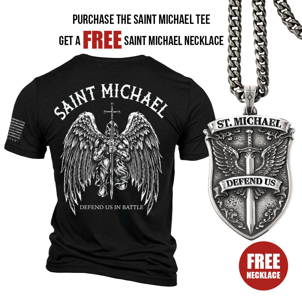 FREE  St. Michael’s Shield Defend Us In Battle Necklace with Purchase of Men's Saint Michaels Tee : Helps Pair Veterans With A Service Dog or Shelter Dog