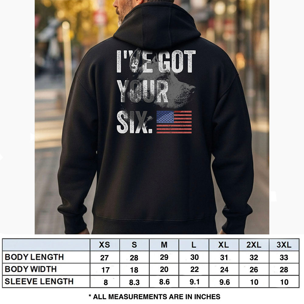 Hero Company Men's I've Got Your Six Black Premium Hoodie - Helps Pair Veterans With A Service Dog or Shelter Dog
