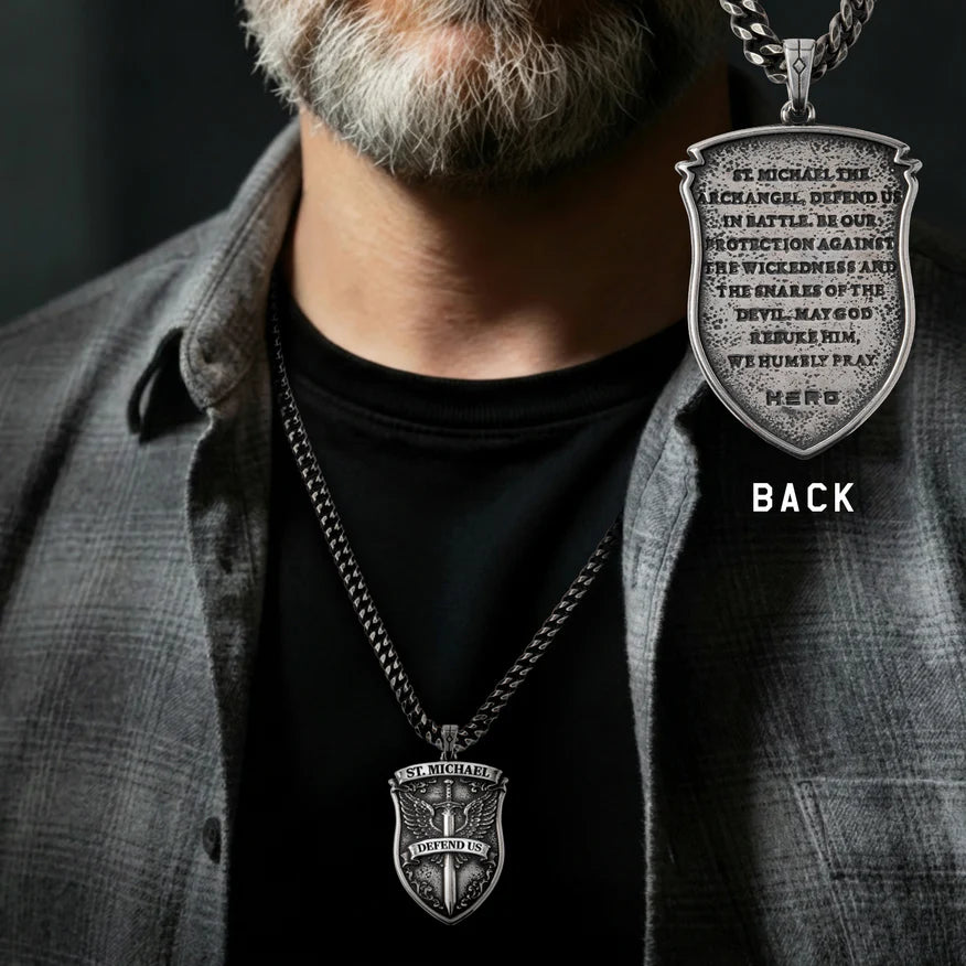 FREE  St. Michael’s Shield Defend Us In Battle Necklace with Purchase of Men's Saint Michaels Tee : Helps Pair Veterans With A Service Dog or Shelter Dog