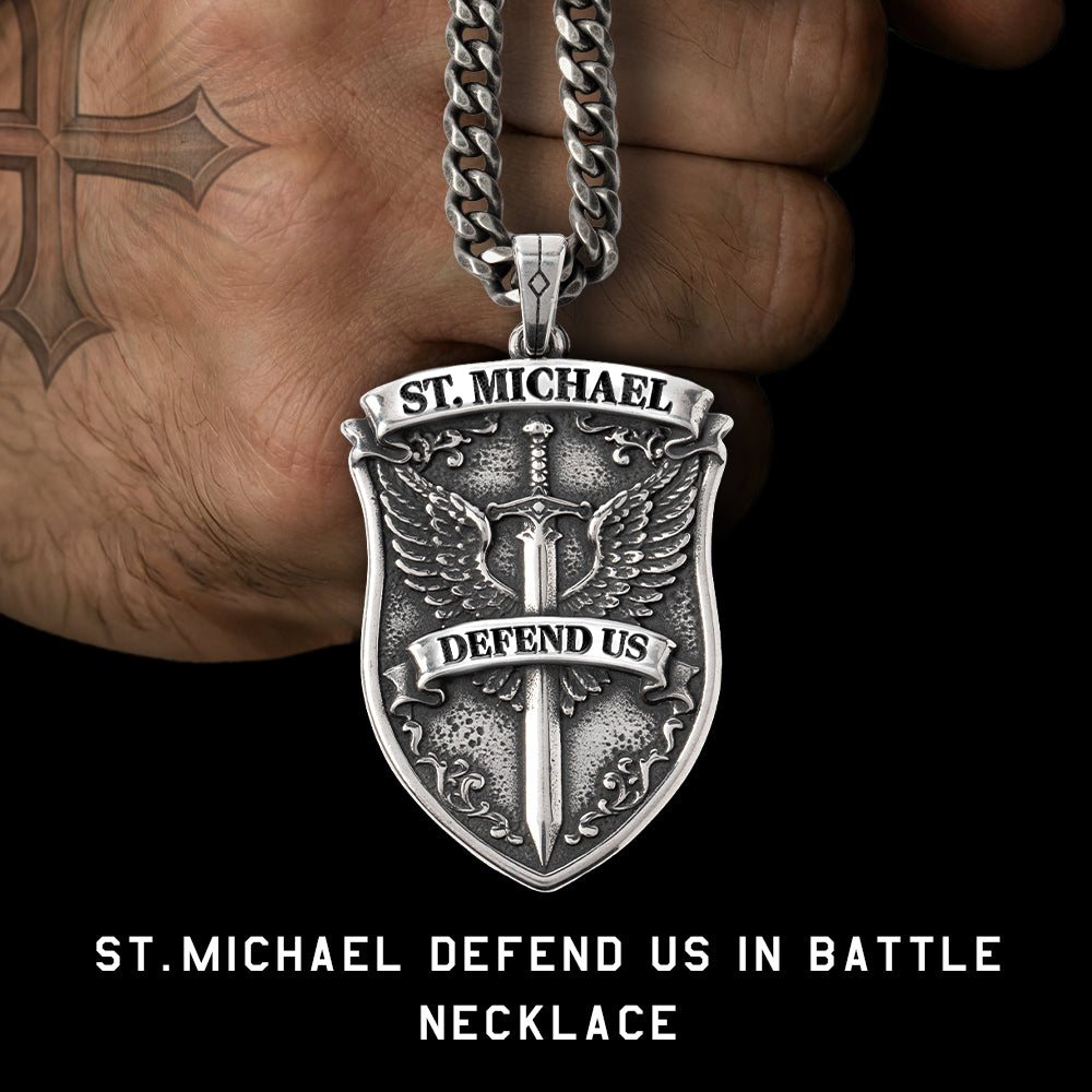 St. Michael’s Shield Defend Us In Battle Necklace - Helps Pair Veterans With A Service Dog Or Shelter Dog