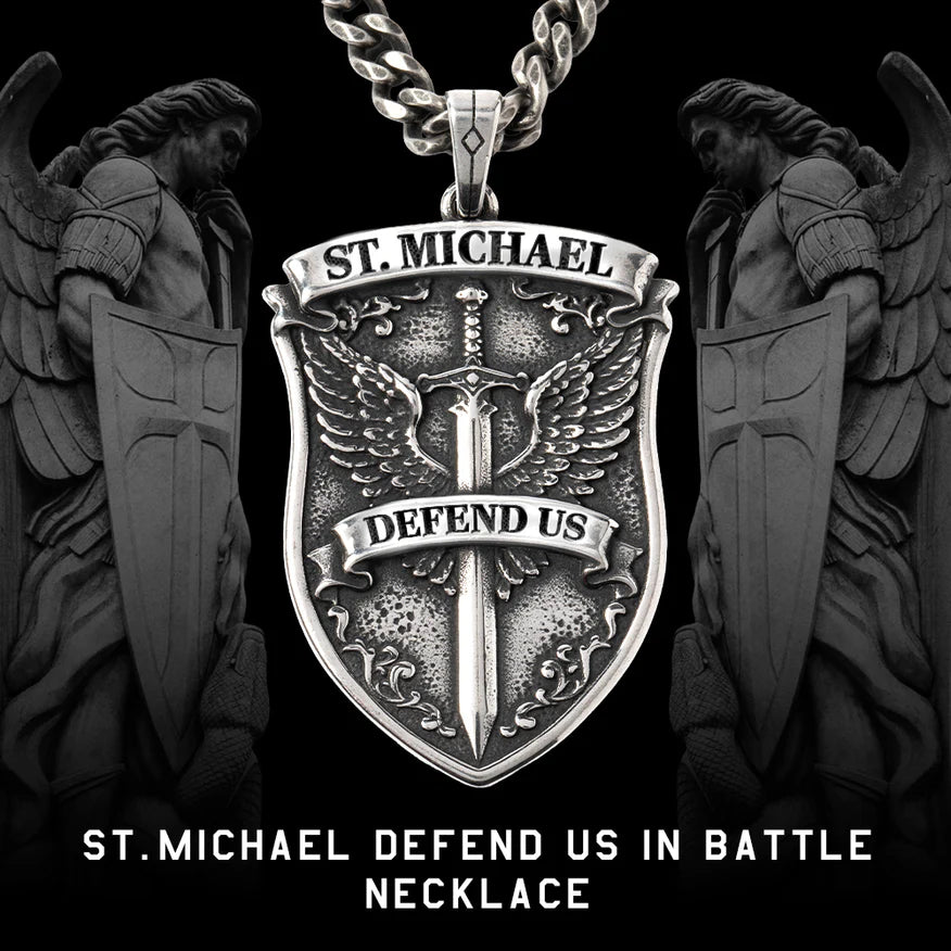 FREE  St. Michael’s Shield Defend Us In Battle Necklace with Purchase of Men's Saint Michaels Tee : Helps Pair Veterans With A Service Dog or Shelter Dog
