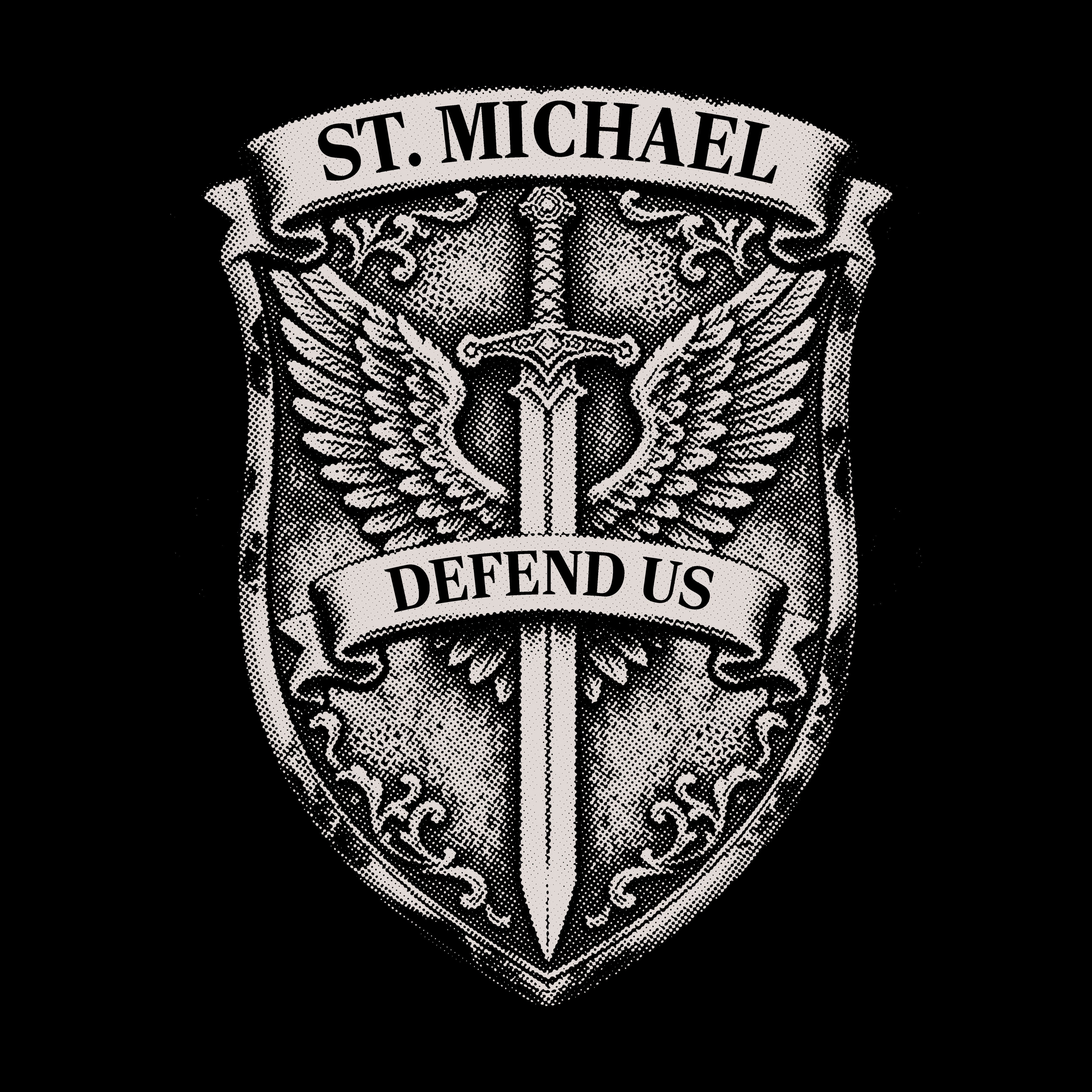 Hero Company Men's St Michael Defend Us Shield Black Tee - Helps Pair Veterans With A Service Dog or Shelter Dog