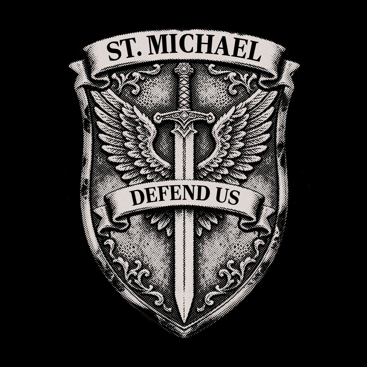 Hero Company Men's St Michael Defend Us Shield Black Tee - Helps Pair Veterans With A Service Dog or Shelter Dog