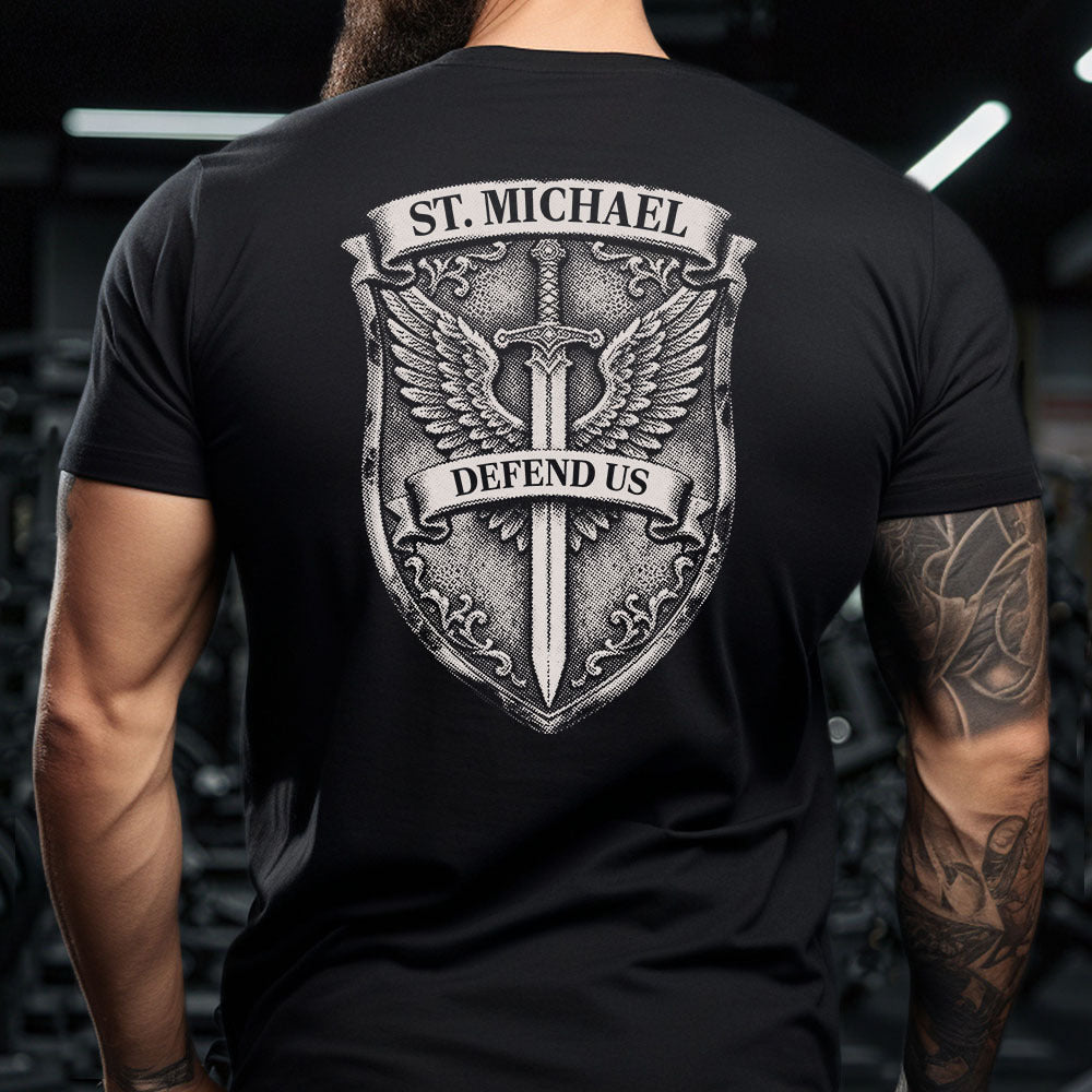 Hero Company Men's St Michael Defend Us Shield Black Tee - Helps Pair Veterans With A Service Dog or Shelter Dog