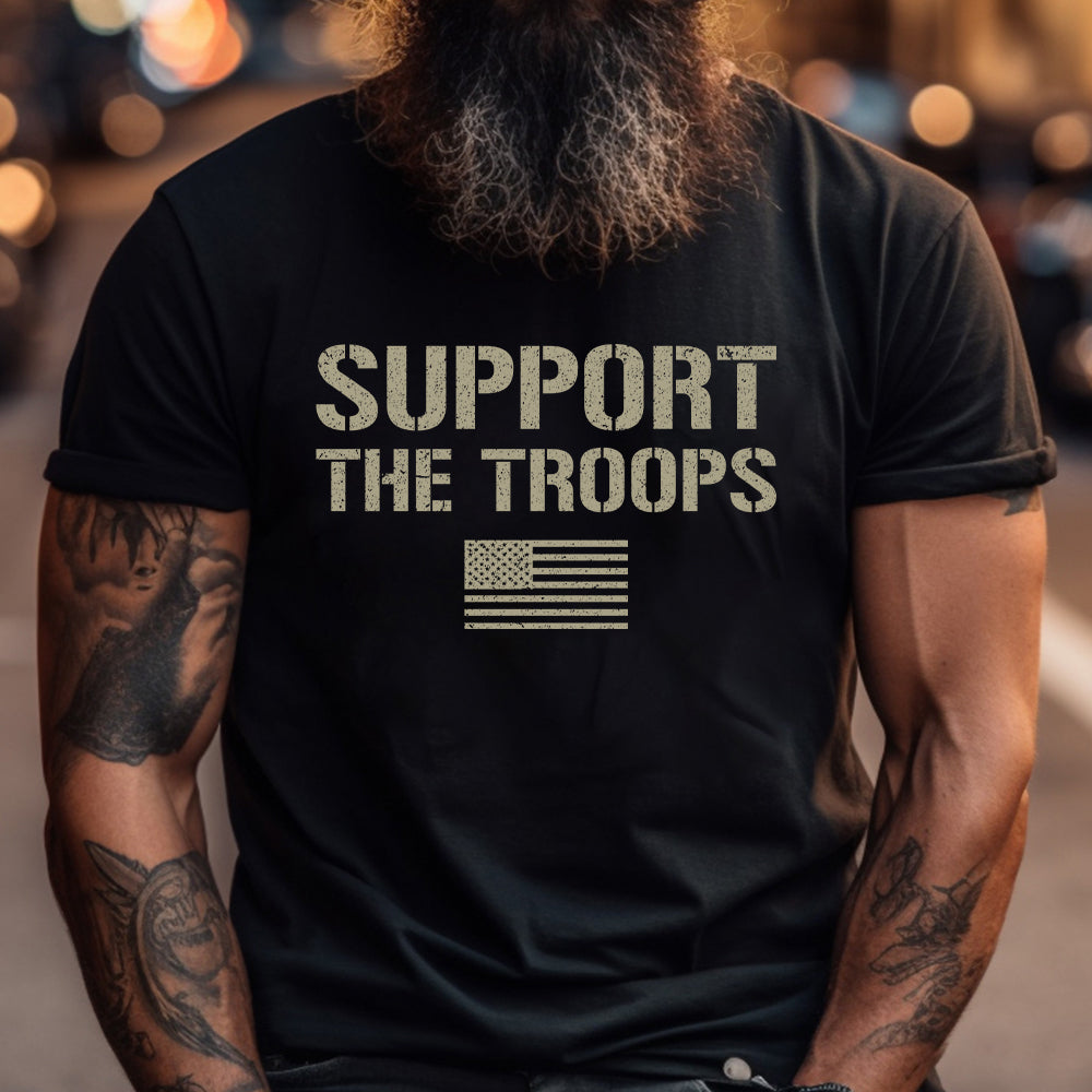 Hero Company Men's Support The Troops Flag Black Tee - Helps Pair Veterans With A Service Dog or Shelter Dog