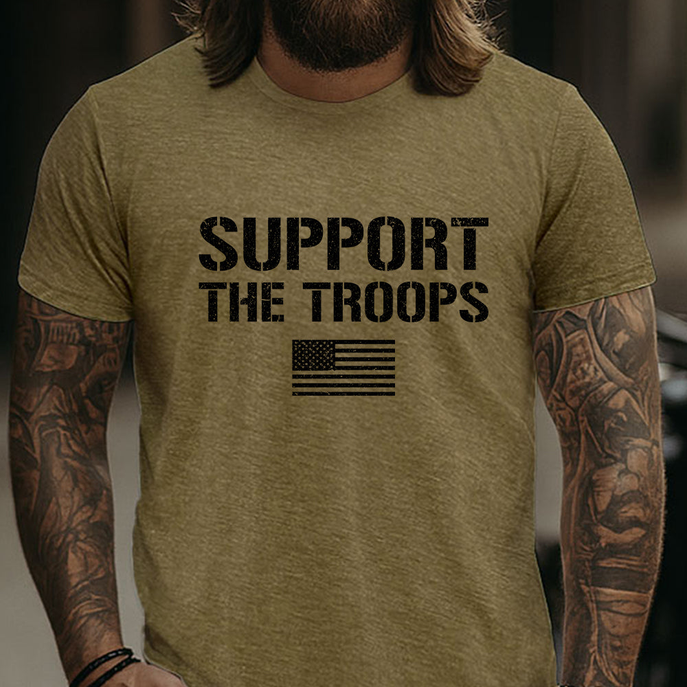 Hero Company Men's Support The Troops Flag Military Green Tee - Helps Pair Veterans With A Service Dog or Shelter Dog