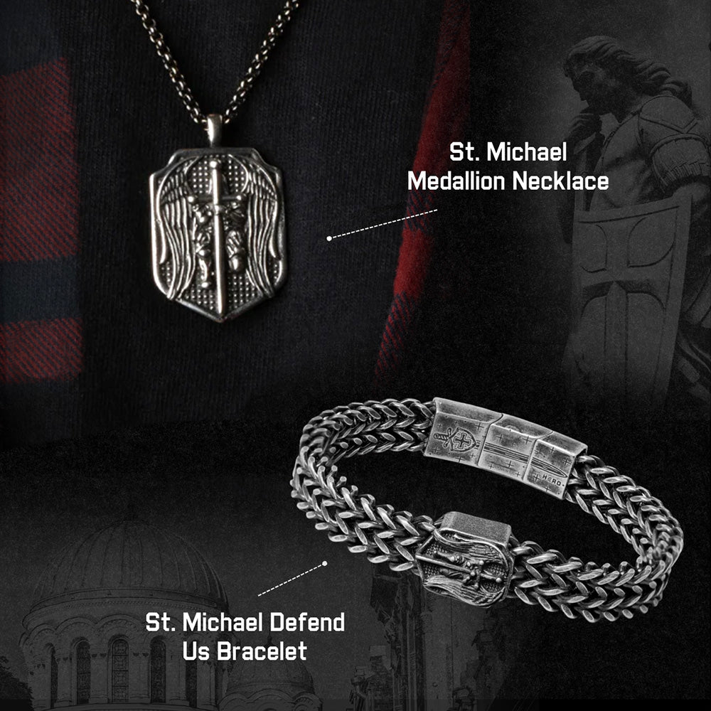 Buy Bracelet, Get Matching Necklace for FREE: St. Michael Medallion Necklace and Bracelet Set - Helps Pair Veterans With A Service Dog Or Shelter Dog