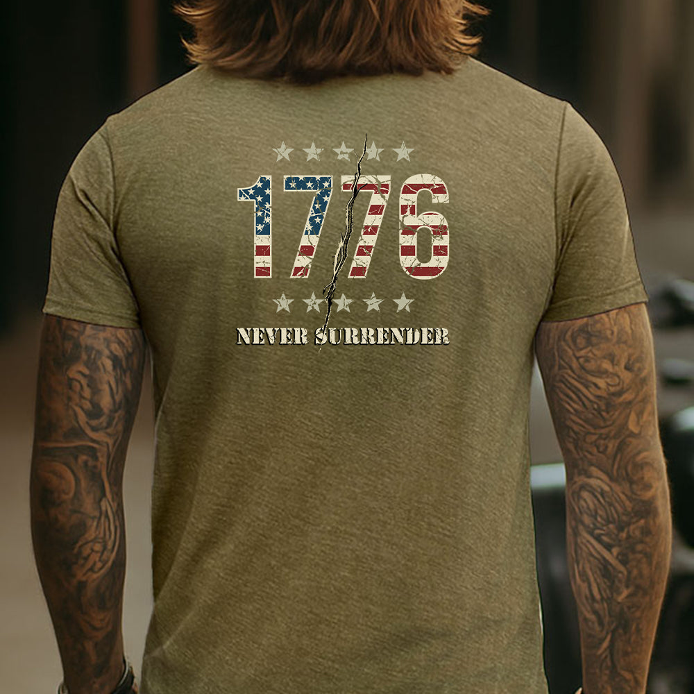 Hero Company Men's 1776 Never Surrender Military Green Tee - Helps Pair Veterans With A Service Dog or Shelter Dog