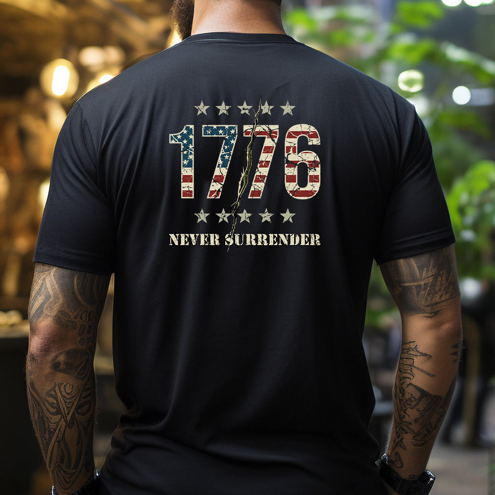 Hero Company Men's 1776 Never Surrender Black Tee - Helps Pair Veterans With A Service Dog or Shelter Dog