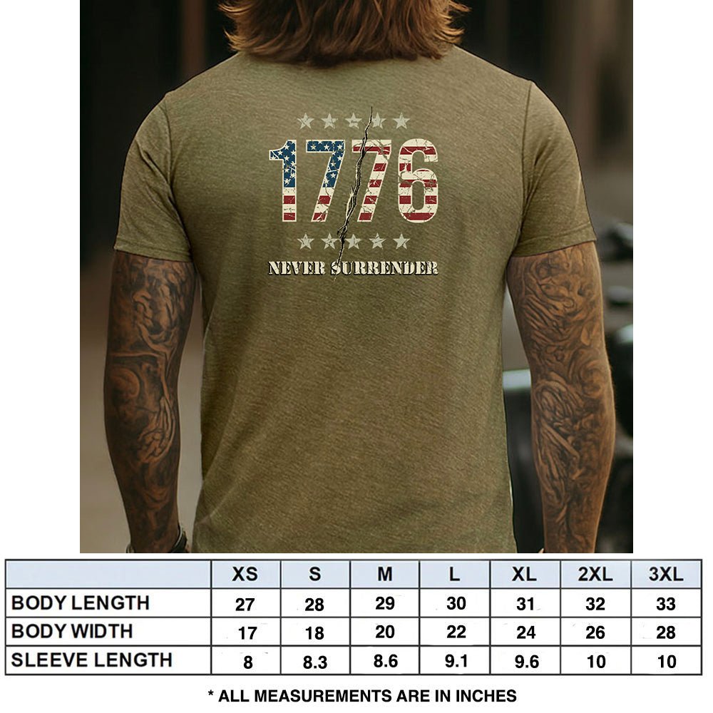 Hero Company Men's 1776 Never Surrender Military Green Tee - Helps Pair Veterans With A Service Dog or Shelter Dog