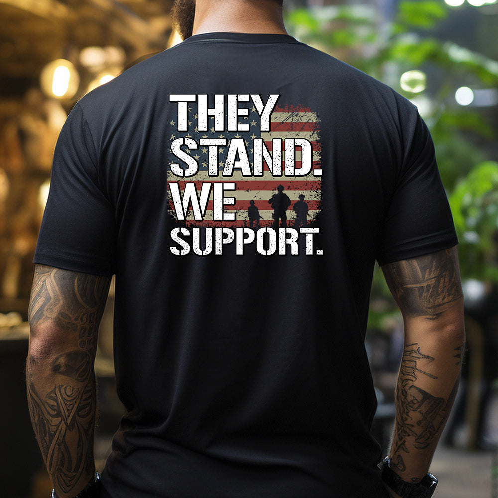 Hero Company Men's They Stand We Support Black Tee - Helps Pair Veterans With A Service Dog or Shelter Dog