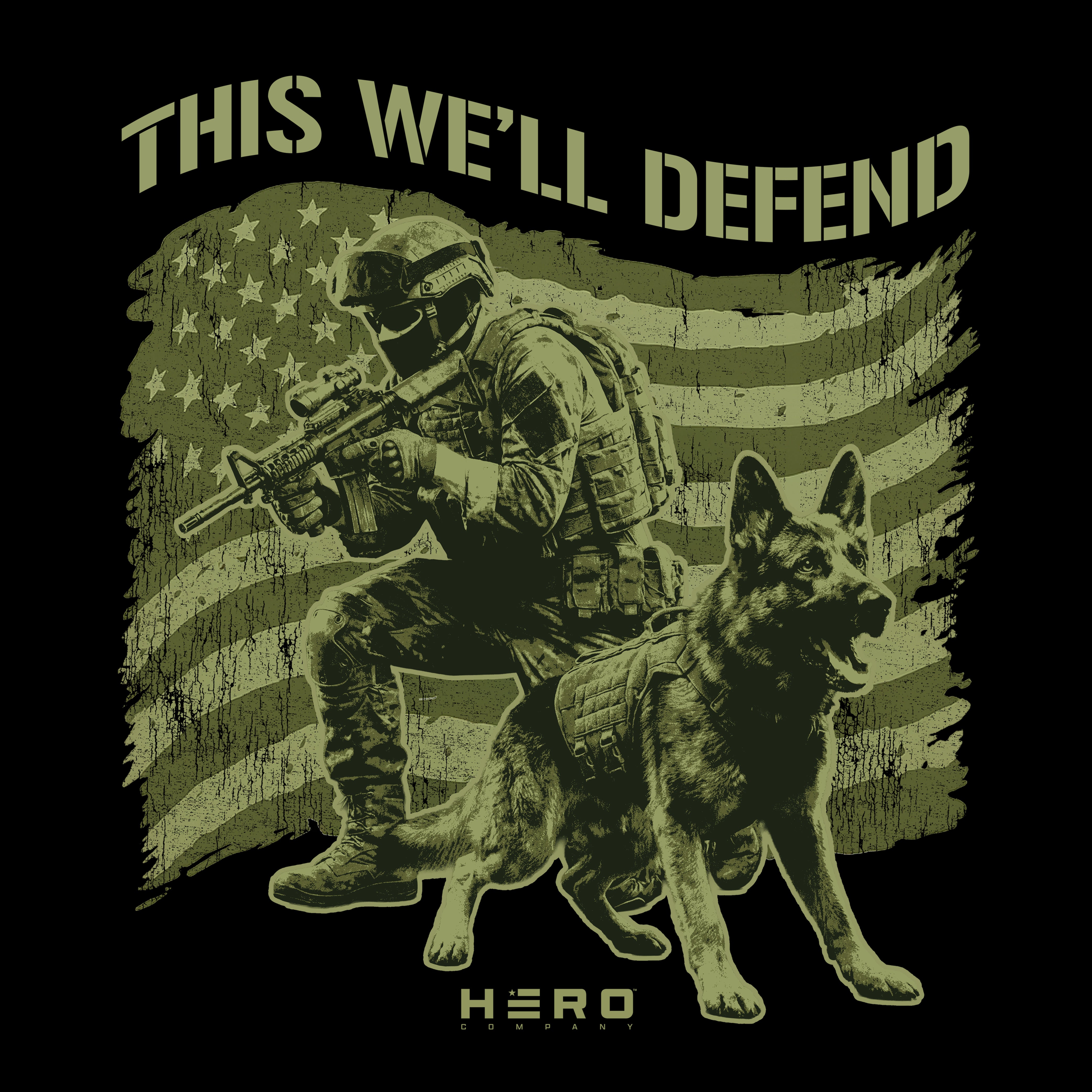 Hero Company Men's This We'll Defend Black Tee - Helps Pair Veterans With A Service Dog or Shelter Dog