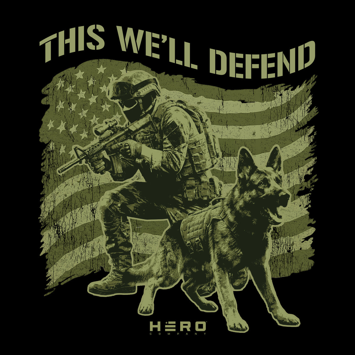 Hero Company Men's This We'll Defend Black Tee - Helps Pair Veterans With A Service Dog or Shelter Dog