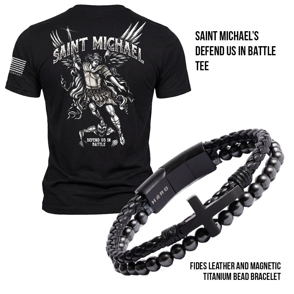 50% OFF - Fides Leather and Magnetic Titanium Bead Bracelet With Purchase of Saint Michael's Defend Us in Battle Tee