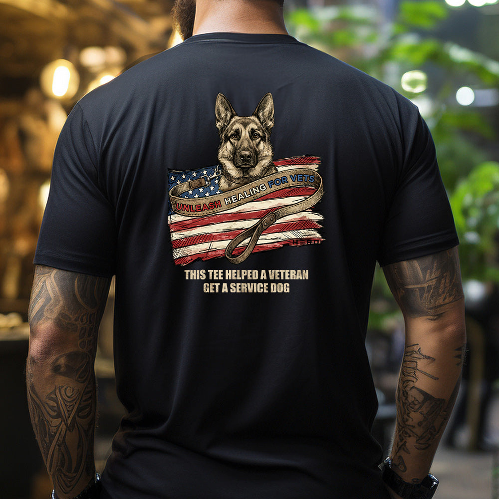 Hero Company Men's Unleash Healing For Vets - Shepherd Black Tee - Helps Pair Veterans With A Service Dog or Shelter Dog