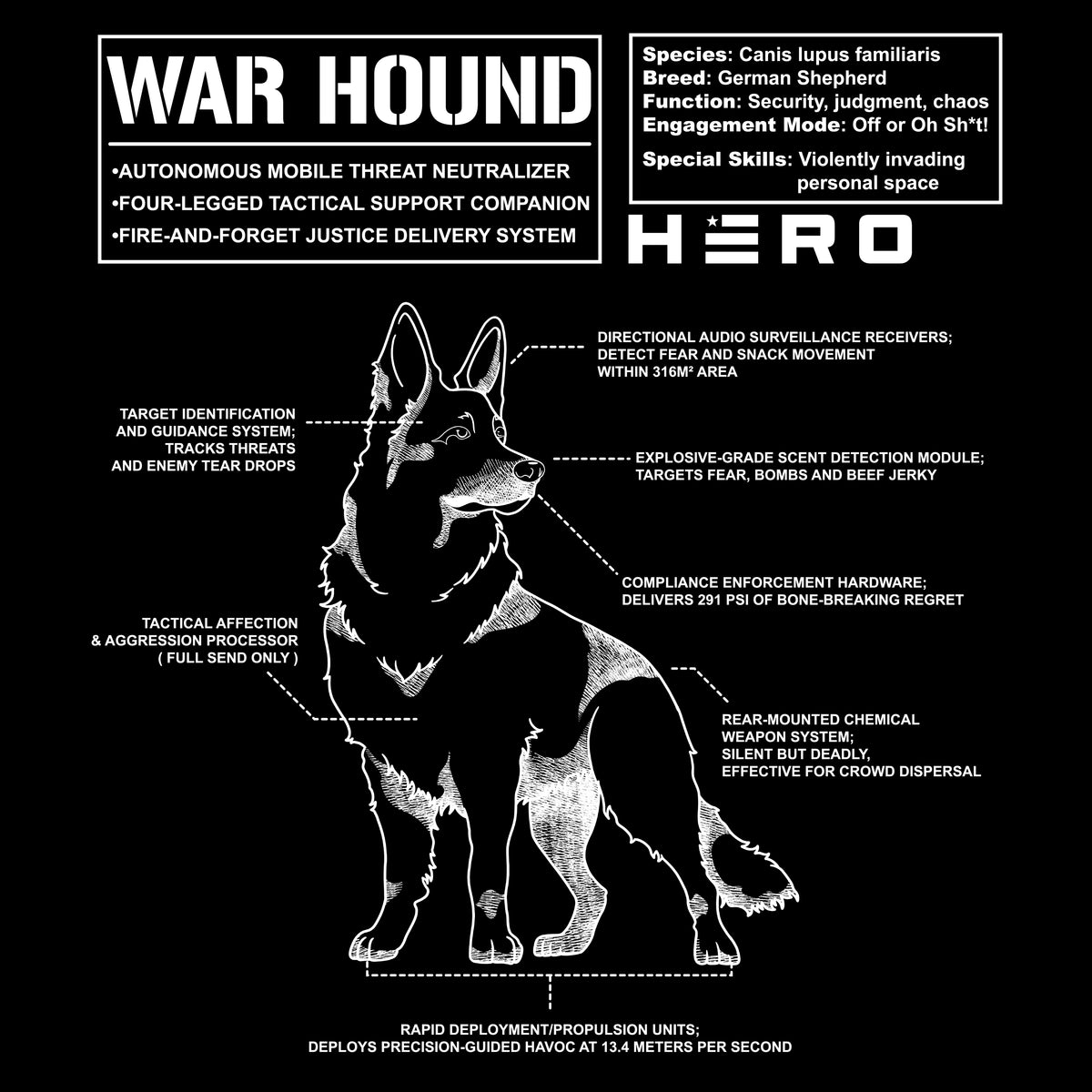 Hero Company Men's War Hound Black Tee - Helps Pair Veterans With A Service Dog or Shelter Dog